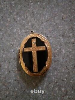 Victorian Gold Cross Black Enamel Photo Mourning Locket Charm Fob Pendant