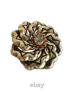 Victorian Gold & Enamel Flower Brooch with Center Rose Cut Diamond Circa 1890