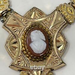 Victorian Gold Filled Book Chain Stone Cameo Necklace Black Enamel Antique