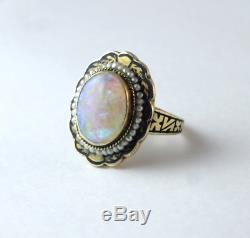 Victorian Large Black Opal Seed Pearl Black Enamel 14k Gold Ring Size 3
