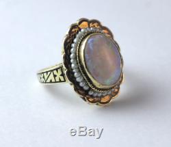 Victorian Large Black Opal Seed Pearl Black Enamel 14k Gold Ring Size 3