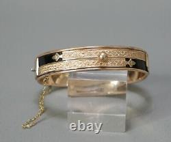 Victorian Mourning Gold Filled Black Enamel Band Hinged Cuff Bangle Bracelet