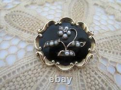 Victorian Mourning Hair Pearl Flower Black Enamel Scalloped Pin 14K Gold