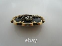 Victorian Mourning Hair Pearl Flower Black Enamel Scalloped Pin 14K Gold