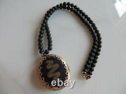 Victorian Mourning IN MEMORY OF Gold Black Enamel Locket Jet Beaded Necklace