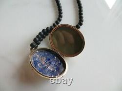 Victorian Mourning IN MEMORY OF Gold Black Enamel Locket Jet Beaded Necklace