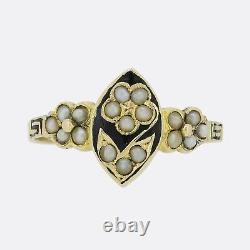 Victorian Pearl and Black Enamel Flower Ring 15ct Yellow Gold