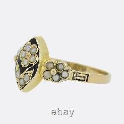 Victorian Pearl and Black Enamel Flower Ring 15ct Yellow Gold