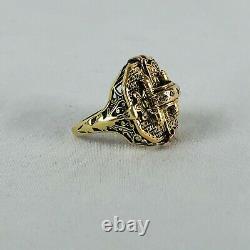 Victorian Repousse Black Enamel Cross Diamond Ring 14k Yellow Gold Sz 6.75