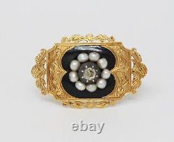 Victorian18K Yellow Gold Black Enamel Diamond Pearl brooch
