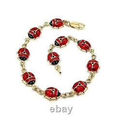 Vintage 14K Gold Italian Red and Black Enamel Ladybug Bracelet