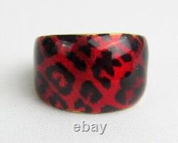 Vintage 14K Yellow Gold Italy Blood Red & Black Enamel Wide Band Size 8 Ring