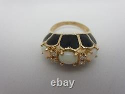 Vintage 14K Yellow Gold Opal Diamond Black Enamel Ring