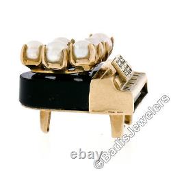Vintage 14K Yellow Gold Pearl Black Onyx & Enamel Piano with Notes Charm Pendant
