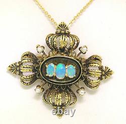 Vintage 14k Green Gold Opal Pearl & Black Enamel Pendant Brooch Pin with Chain