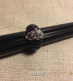 Vintage 14k White Gold Black Enamel & Diamond Cocktail Ring Size 4