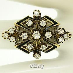 Vintage 14k Yellow Gold. 90ctw Round Diamond Black Enamel Marquise Cocktail Ring