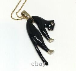 Vintage 14k Yellow Gold Black Enamel Cat Panther Diamond Eye Pendant Necklace