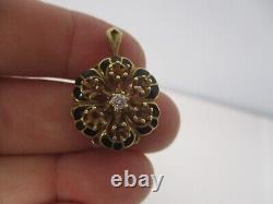 Vintage 14k Yellow Gold Black Enamel Genuine Diamond Flower Pendant