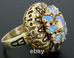 Vintage 14k Yellow Gold Oval Opal Diamond & Black Enamel Ladies Cocktail Ring