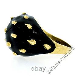 Vintage 18K Yellow Gold Black Enamel Raised Dotted Wide Dome Cocktail Ring Sz 5