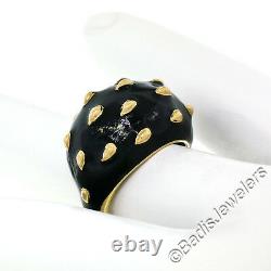 Vintage 18K Yellow Gold Black Enamel Raised Dotted Wide Dome Cocktail Ring Sz 5