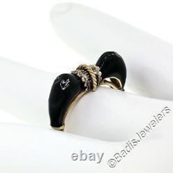 Vintage 18K Yellow Gold Round Single Cut Diamond Black Enamel Cat Ears Ring S5.5