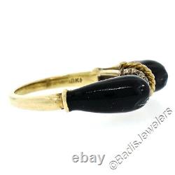 Vintage 18K Yellow Gold Round Single Cut Diamond Black Enamel Cat Ears Ring S5.5