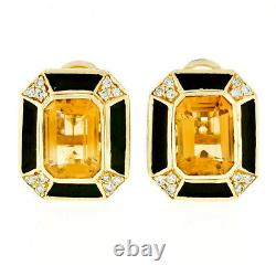 Vintage 18k Gold Citrine Diamond Black Enamel Large Rectangular Button Earrings