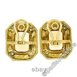 Vintage 18k Gold Citrine Diamond Black Enamel Large Rectangular Button Earrings