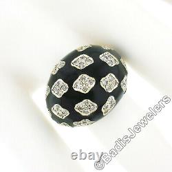 Vintage 18k TT Gold 0.90ct Pave Diamond Clusters on Black Enamel Dome Bombe Ring