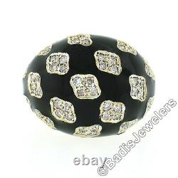 Vintage 18k TT Gold 0.90ct Pave Diamond Clusters on Black Enamel Dome Bombe Ring