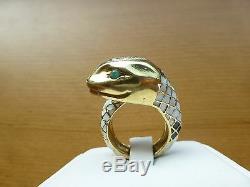 Vintage 18k yellow gold white black enamel diamond emerald snake ring 6.25 17.6g