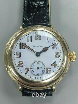 Vintage 1947 Waltham 14K Gold ROY Case Military Style Enamel Dial Wristwatch