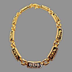 Vintage AFJ Black & Gold Enamel Cougar Bracelet, Necklace, French Clip Earrings