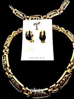 Vintage AFJ Black & Gold Enamel Cougar Bracelet, Necklace, French Clip Earrings