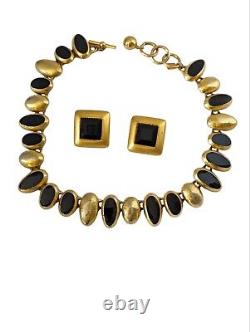 Vintage Anne Klein Gold & Black Enamel Toggle Necklace And Clip On Earrings Set