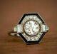 Vintage Art Deco Engagement Ring Black Enamel 2.8ct Diamond 14k White Gold Over