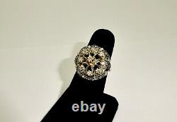 Vintage Awc Black Enamel 14k Gold 9 Stone Dome Top Diamond Cluster Mourning Ring