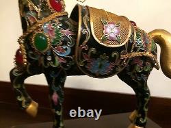 Vintage Bejeweled Cloisonne charm Enameled gold Lucky black Horse Wooden Stand