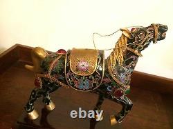 Vintage Bejeweled Cloisonne charm Enameled gold Lucky black Horse Wooden Stand