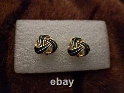 Vintage Black Gold Triple Flower Spiral Swirl Twist Enamel Stud Clip On Earrings