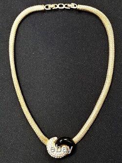 Vintage CHRISTIAN DIOR Black Enamel & Rhinestone Gold Plated Mesh Chain Necklace