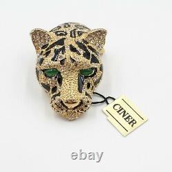 Vintage CINER Gold tone Black Enamel Rhinestone Leopard Head Brooch