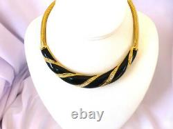 Vintage Christian DIOR Gold-tone Mesh Black Enamel Rhinestone Torque Necklace