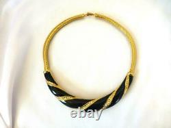 Vintage Christian DIOR Gold-tone Mesh Black Enamel Rhinestone Torque Necklace