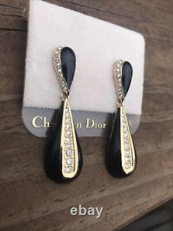 Vintage Christian Dior Black Enamel Gold Tone Rhinestone Teardrop Pear Earrings