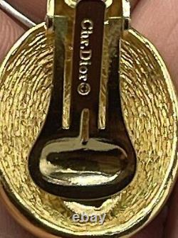 Vintage Christian Dior Faux Pearl Gold Tone Black Enamel Trim Clip Earrings
