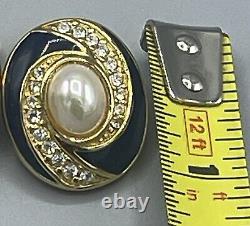 Vintage Christian Dior Faux Pearl Gold Tone Black Enamel Trim Clip Earrings