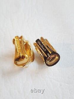 Vintage Christian Dior Gold Black Enamel Rhinestone Clip On Earrings Great
